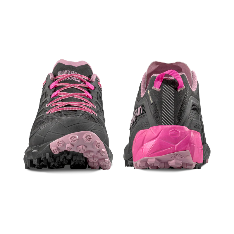 Imagen combinada de la punta y el talón de la zapatilla La Sportiva W’s Akyra II GTX en color Black Rose para trail y montaña.