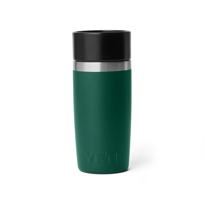 Vista trasera de la botella térmica YETI Rambler 12 oz Travel Bottle de acero inoxidable con aislamiento al vacío. color verde black forest green