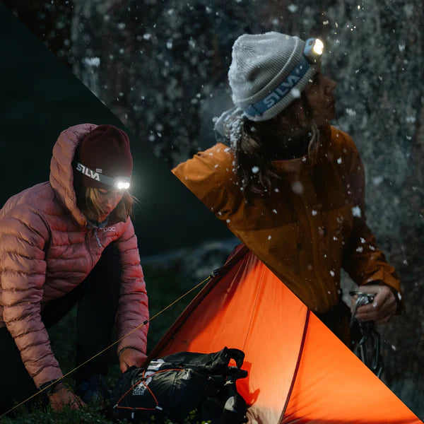 Personas con frontal SILVA encendido en uso outdoor dentro de una tienda de campaña y en condiciones de nieve