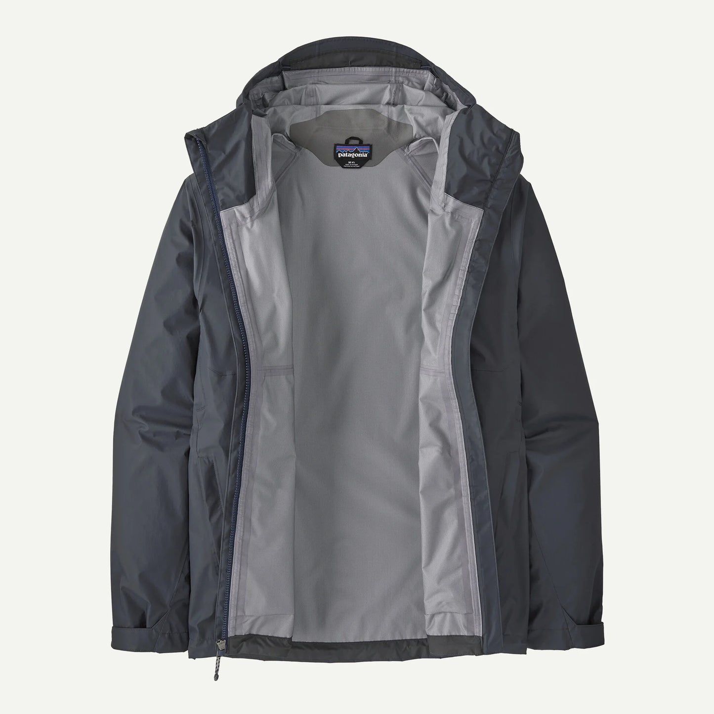 Vista de la Patagonia M's Torrentshell 3L Rain Jkt para hombre con la cremallera abierta mostrando su capa interior de 3 capas smolder blue