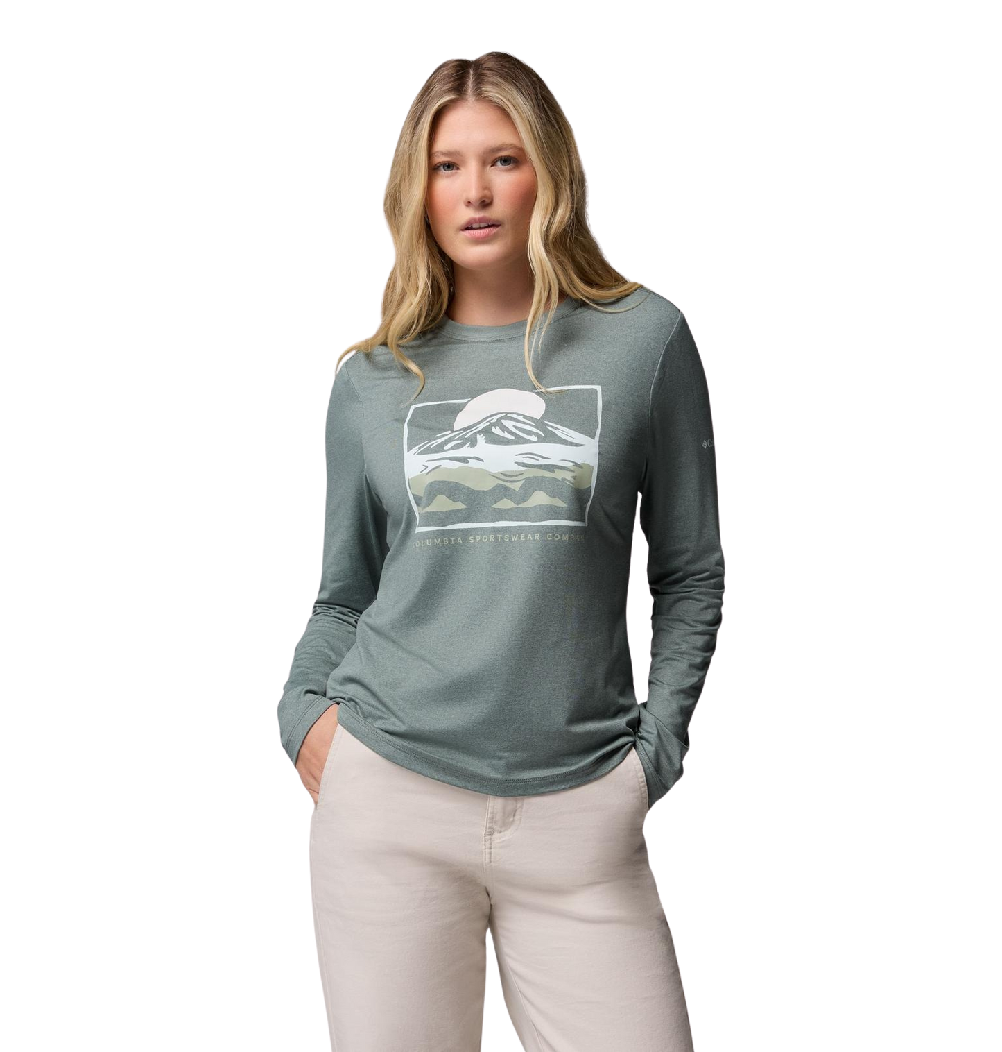 camiseta de manga larga Columbia Parsons Point Graphic Tee mujer color Sedona Sage Heather