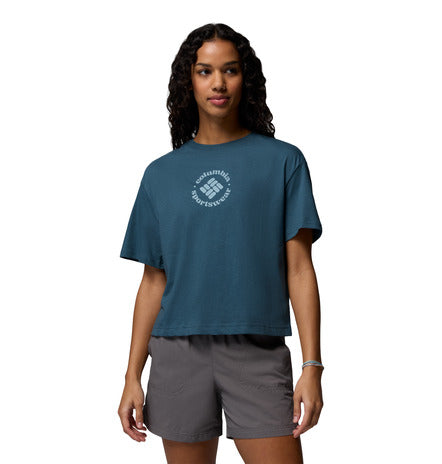 Camiseta Columbia Rolling Bend Graphic Relaxed Crop SS mujer color Everblue Gem Focused