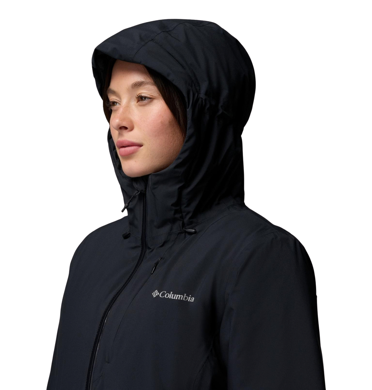 detalle de la capucha de la chaqueta Columbia Trailborne Insulated para mujer diseñada para aportar protección frente al frío