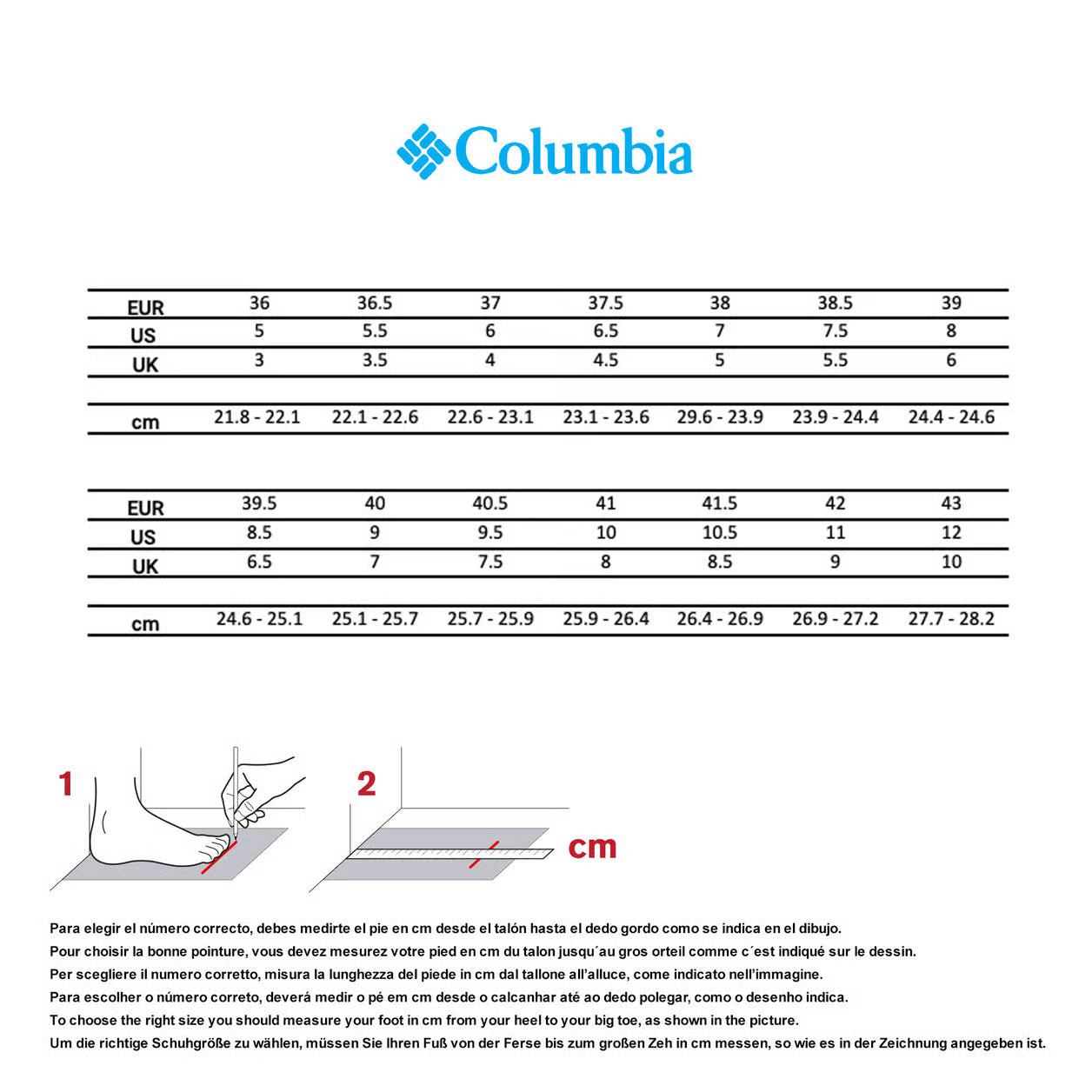 Guía de tallas de las zapatillas Columbia W’s Transverse Hike Waterproof para elegir la talla correcta.