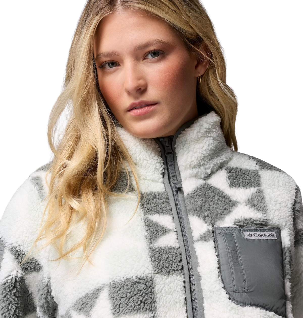 detalle del tejido polar de pelo alto de la chaqueta Columbia West Bend Full Zip para mujer