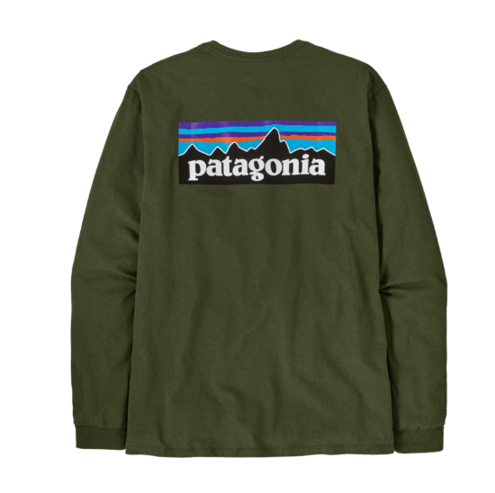 Parte trasera de la camiseta Patagonia M's L/S P-6 Logo Responsibili Tee con logo P-6 estampado Torrey pine green