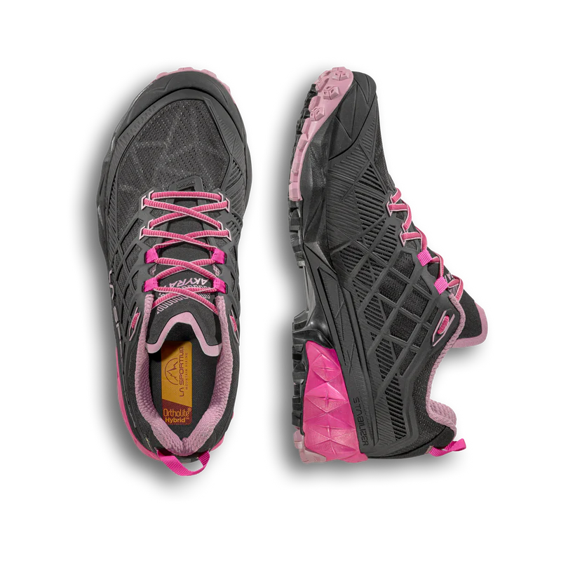 Vista superior de la zapatilla La Sportiva W’s Akyra II GTX en color Black Rose para trail y senderismo.