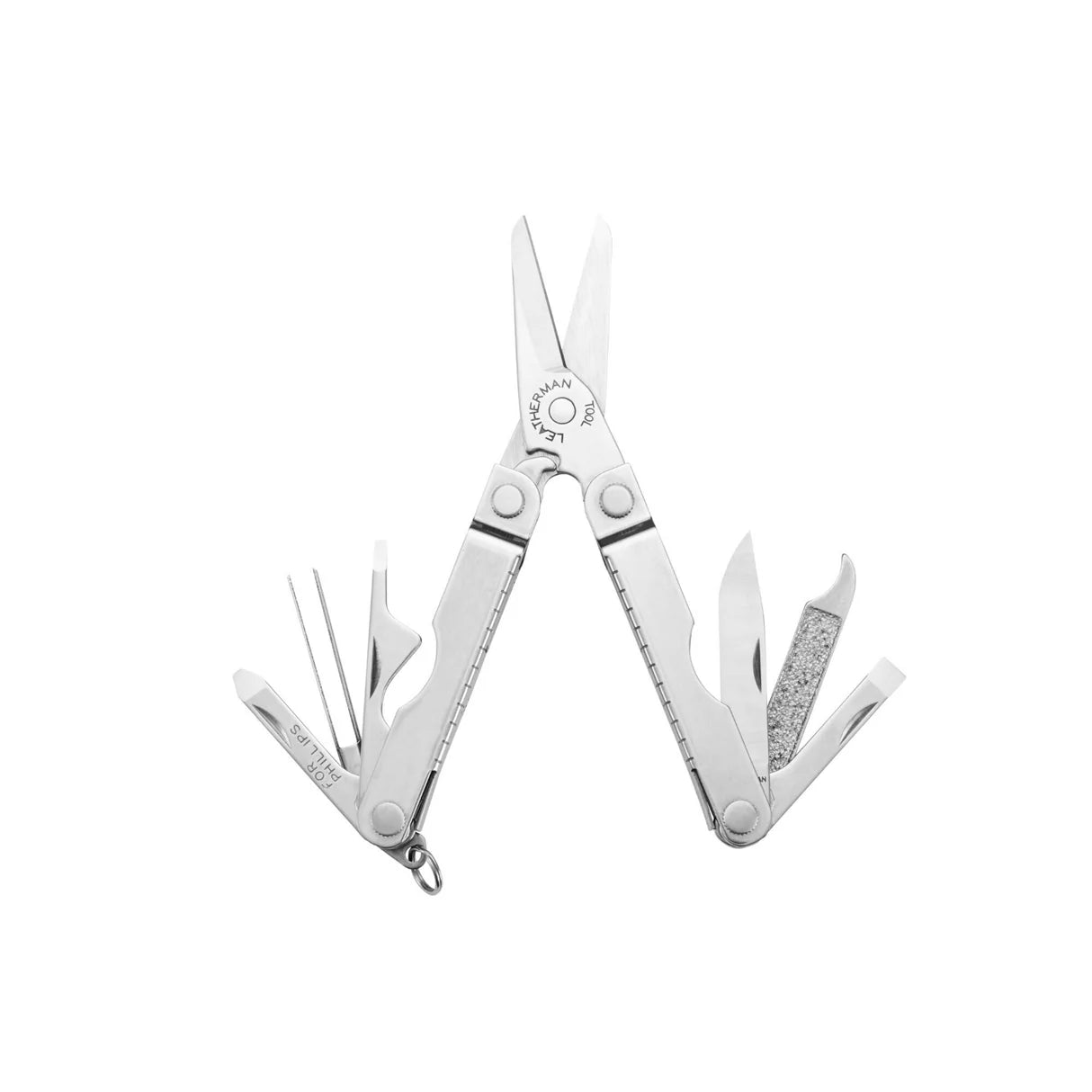 Leatherman Micra con herramientas desplegadas mostrando sus funciones en formato compacto. inoxidable