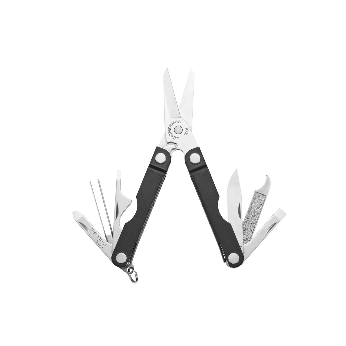 Leatherman Micra con herramientas desplegadas mostrando sus funciones en formato compacto. negra