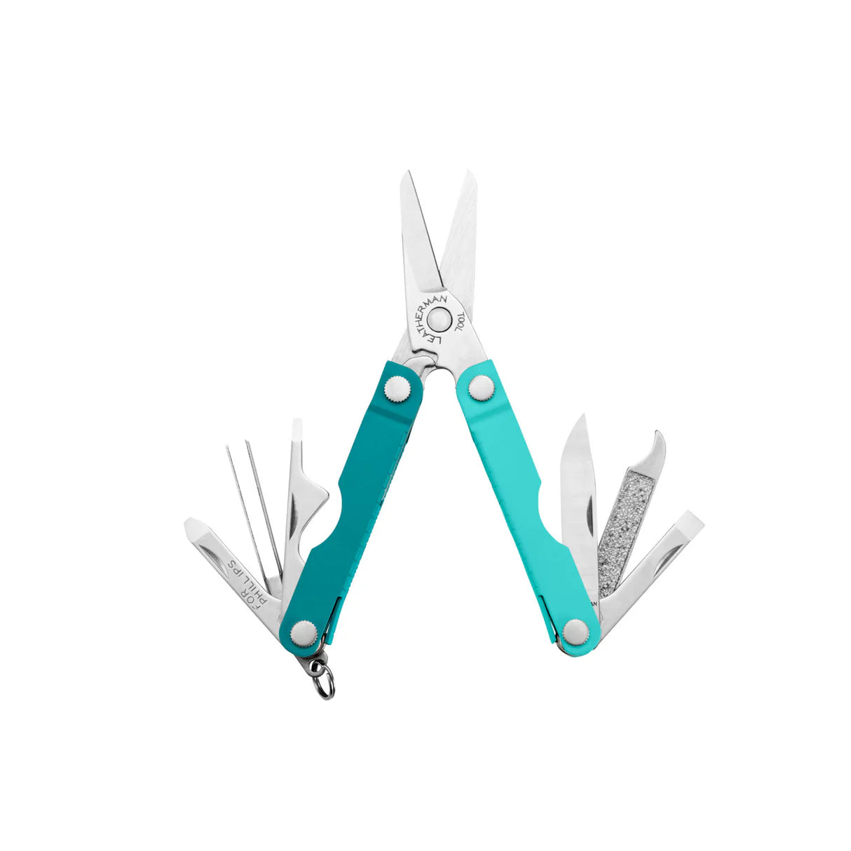 Leatherman Micra con herramientas desplegadas mostrando sus funciones en formato compacto. parakeet
