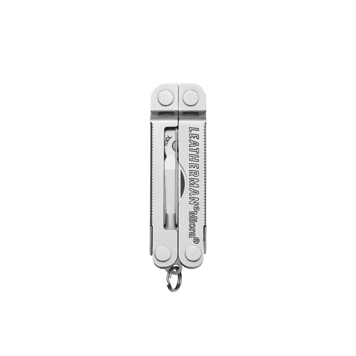 Multiherramienta Leatherman Micra plegada en formato compacto para uso diario y outdoor. inox