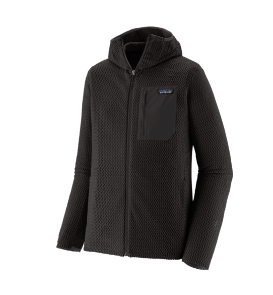Chaqueta polar técnica Patagonia M's R1 Air Full Zip Hoody para hombre con cremallera completa y capucha color negro