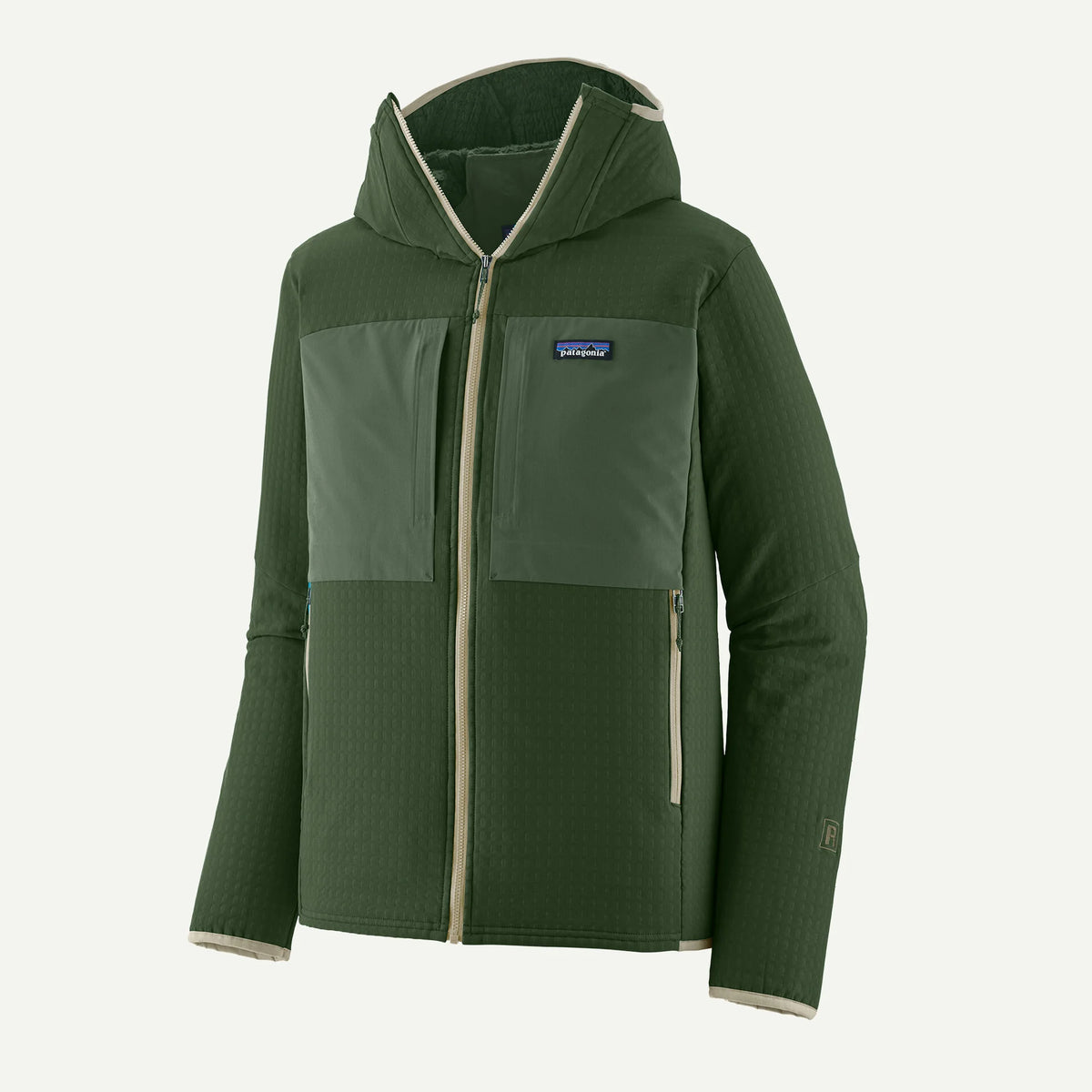 chaqueta técnica Patagonia CrossStrata con capucha para hombre en color Treeline Green para escalada y montaña