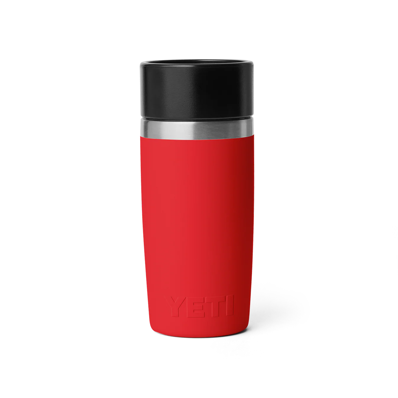 Vista trasera de la botella térmica YETI Rambler 12 oz Travel Bottle de acero inoxidable con aislamiento al vacío. color rojo rescue red