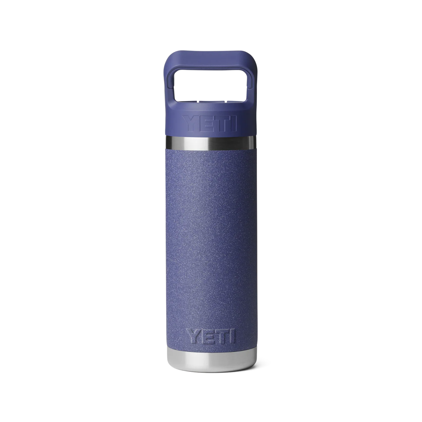 Parte trasera de la botella YETI Rambler 18 oz Straw Bottle de acero inoxidable con aislamiento térmico para mantener bebidas frías en actividades outdoor. color morado moon dust