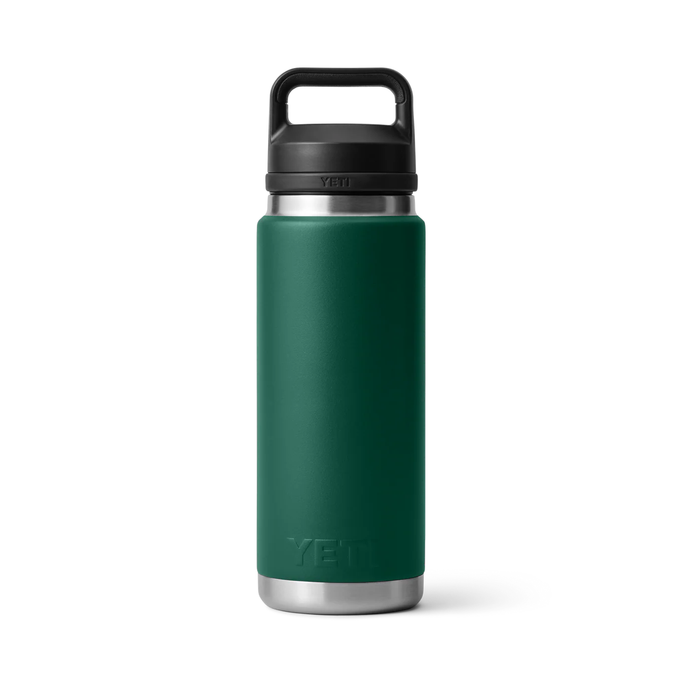 Vista trasera de la botella YETI Rambler Bottle Chug 26 de 769 ml en verde oscuro (black forest green)