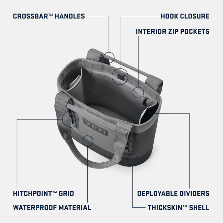 Yeti Carryall 20 Tote Bag mostrando interior con bolsillos y divisores desplegables
