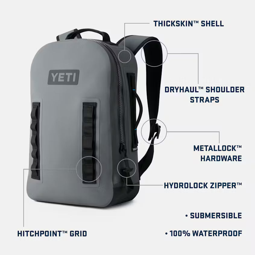 Yeti Panga Submersible Backpack 28 mostrando características especiales como cierre impermeable y estructura reforzada